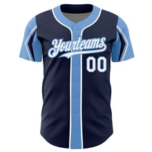 Charger l&#39;image dans la galerie, Custom Navy White-Light Blue 3 Colors Arm Shapes Authentic Baseball Jersey
