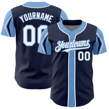 Charger l&#39;image dans la galerie, Custom Navy White-Light Blue 3 Colors Arm Shapes Authentic Baseball Jersey
