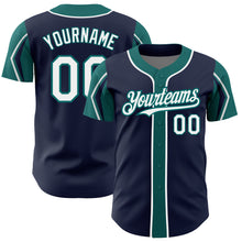 Load image into Gallery viewer, Custom Navy White-Teal 3 Colors Arm Shapes Authentic Baseball Jersey
