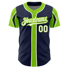 Laden Sie das Bild in den Galerie-Viewer, Custom Navy White-Neon Green 3 Colors Arm Shapes Authentic Baseball Jersey
