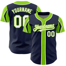 Laden Sie das Bild in den Galerie-Viewer, Custom Navy White-Neon Green 3 Colors Arm Shapes Authentic Baseball Jersey
