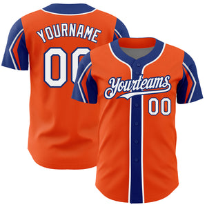 Custom Orange White-Royal 3 Colors Arm Shapes Authentic Baseball Jersey