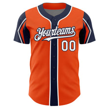 Загрузить изображение в средство просмотра галереи, Custom Orange White-Navy 3 Colors Arm Shapes Authentic Baseball Jersey
