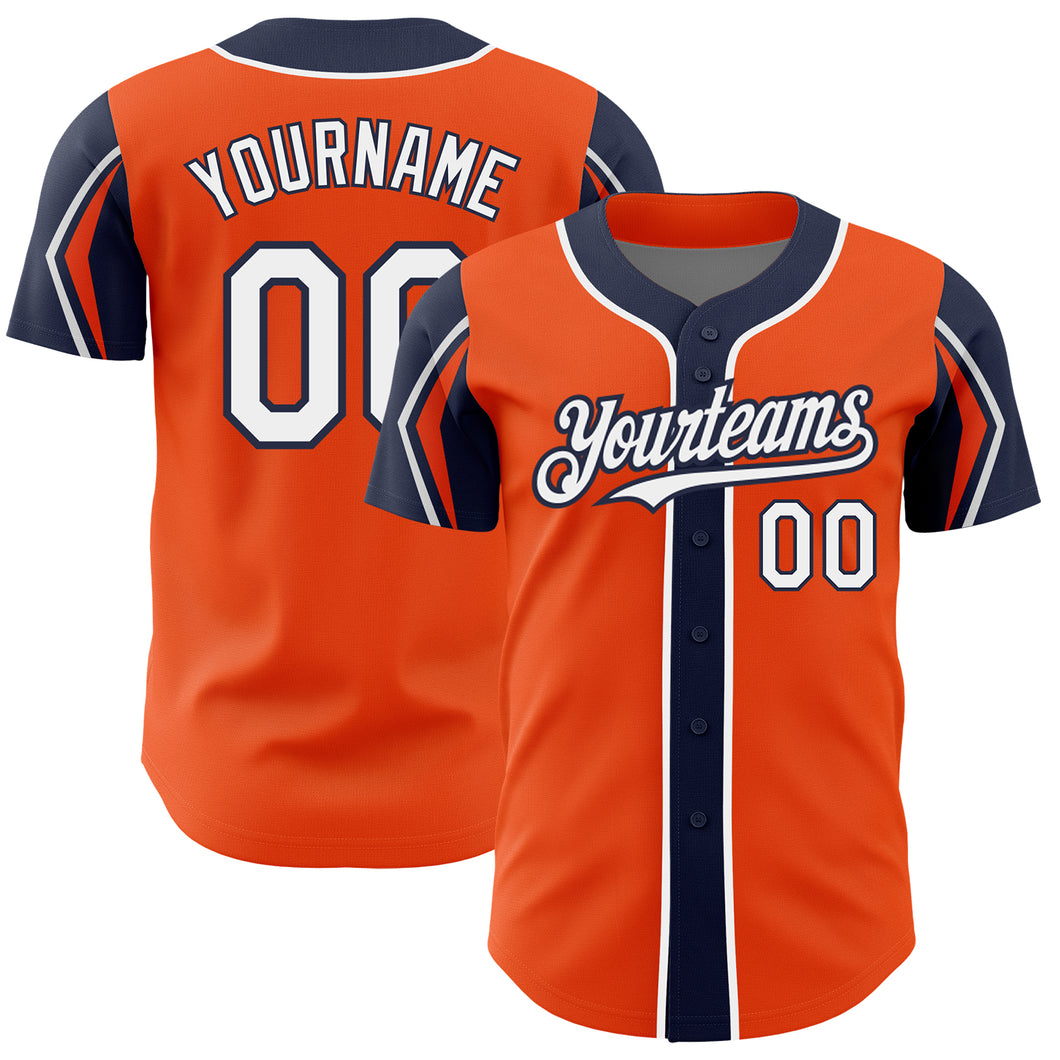 Custom Orange White-Navy 3 Colors Arm Shapes Authentic Baseball Jersey