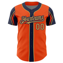 Laden Sie das Bild in den Galerie-Viewer, Custom Orange Old Gold-Navy 3 Colors Arm Shapes Authentic Baseball Jersey
