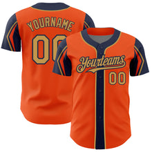 Laden Sie das Bild in den Galerie-Viewer, Custom Orange Old Gold-Navy 3 Colors Arm Shapes Authentic Baseball Jersey
