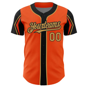 Custom Orange Old Gold-Black 3 Colors Arm Shapes Authentic Baseball Jersey