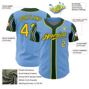 Custom Light Blue Yellow-Green 3 Colors Arm Shapes Authentic Baseball Jersey