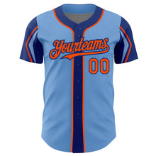 Laden Sie das Bild in den Galerie-Viewer, Custom Light Blue Orange-Royal 3 Colors Arm Shapes Authentic Baseball Jersey
