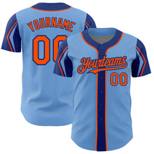 Laden Sie das Bild in den Galerie-Viewer, Custom Light Blue Orange-Royal 3 Colors Arm Shapes Authentic Baseball Jersey
