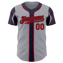 Load image into Gallery viewer, Custom Gray Red-Navy 3 Colors Arm Shapes Authentic Baseball Jersey
