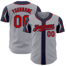 Load image into Gallery viewer, Custom Gray Red-Navy 3 Colors Arm Shapes Authentic Baseball Jersey
