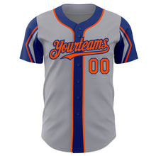 Laden Sie das Bild in den Galerie-Viewer, Custom Gray Orange-Royal 3 Colors Arm Shapes Authentic Baseball Jersey

