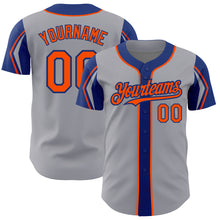 Laden Sie das Bild in den Galerie-Viewer, Custom Gray Orange-Royal 3 Colors Arm Shapes Authentic Baseball Jersey
