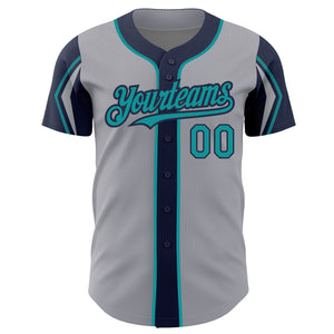 Custom Gray Teal-Navy 3 Colors Arm Shapes Authentic Baseball Jersey