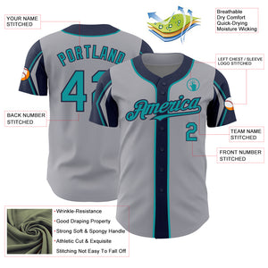 Custom Gray Teal-Navy 3 Colors Arm Shapes Authentic Baseball Jersey