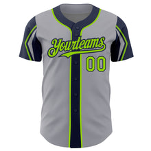 Load image into Gallery viewer, Custom Gray Neon Green-Navy 3 Colors Arm Shapes Authentic Baseball Jersey
