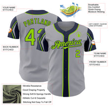 Load image into Gallery viewer, Custom Gray Neon Green-Navy 3 Colors Arm Shapes Authentic Baseball Jersey
