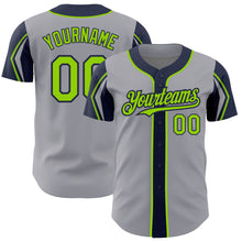 Laden Sie das Bild in den Galerie-Viewer, Custom Gray Neon Green-Navy 3 Colors Arm Shapes Authentic Baseball Jersey
