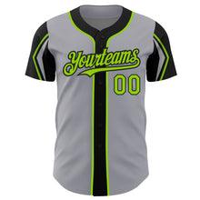 Load image into Gallery viewer, Custom Gray Neon Green-Black 3 Colors Arm Shapes Authentic Baseball Jersey
