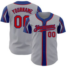 Load image into Gallery viewer, Custom Gray Red-Royal 3 Colors Arm Shapes Authentic Baseball Jersey
