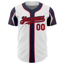 Load image into Gallery viewer, Custom White Red-Navy 3 Colors Arm Shapes Authentic Baseball Jersey
