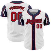 Load image into Gallery viewer, Custom White Red-Navy 3 Colors Arm Shapes Authentic Baseball Jersey
