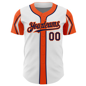 Custom White Navy-Orange 3 Colors Arm Shapes Authentic Baseball Jersey