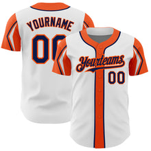 Charger l&#39;image dans la galerie, Custom White Navy-Orange 3 Colors Arm Shapes Authentic Baseball Jersey
