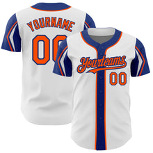 Load image into Gallery viewer, Custom White Orange-Royal 3 Colors Arm Shapes Authentic Baseball Jersey
