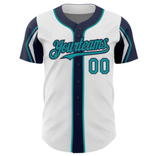 Charger l&#39;image dans la galerie, Custom White Teal-Navy 3 Colors Arm Shapes Authentic Baseball Jersey
