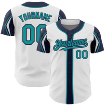 Charger l&#39;image dans la galerie, Custom White Teal-Navy 3 Colors Arm Shapes Authentic Baseball Jersey
