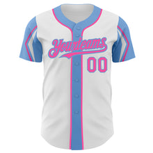 Загрузить изображение в средство просмотра галереи, Custom White Pink-Light Blue 3 Colors Arm Shapes Authentic Baseball Jersey
