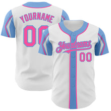 Загрузить изображение в средство просмотра галереи, Custom White Pink-Light Blue 3 Colors Arm Shapes Authentic Baseball Jersey
