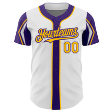 Загрузить изображение в средство просмотра галереи, Custom White Gold-Purple 3 Colors Arm Shapes Authentic Baseball Jersey
