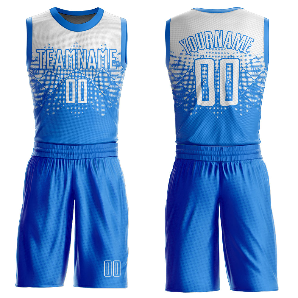 Custom Powder Blue White Round Neck Sublimation Basketball Suit Jersey