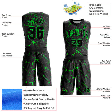 Custom Black Neon Green Round Neck Sublimation Basketball Suit Jersey