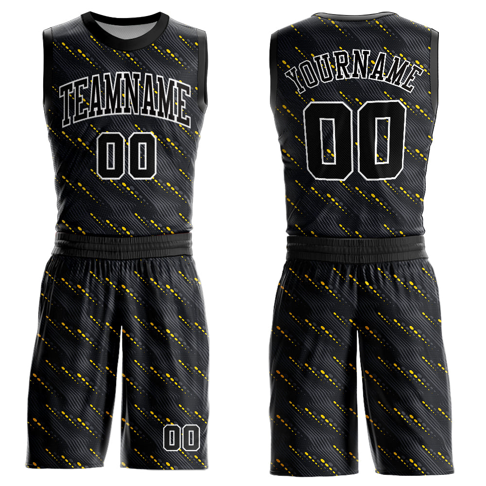 Custom Black Gold-White Round Neck Sublimation Basketball Suit Jersey