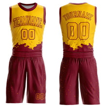 Laden Sie das Bild in den Galerie-Viewer, Custom Yellow Maroon Color Splash Round Neck Sublimation Basketball Suit Jersey
