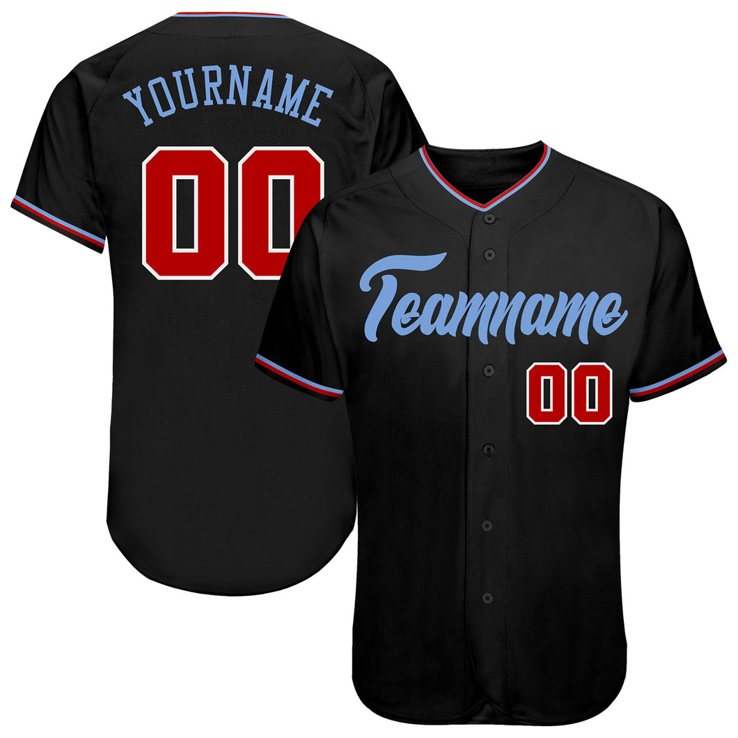 Custom Black Red-Light Blue Authentic Baseball Jersey