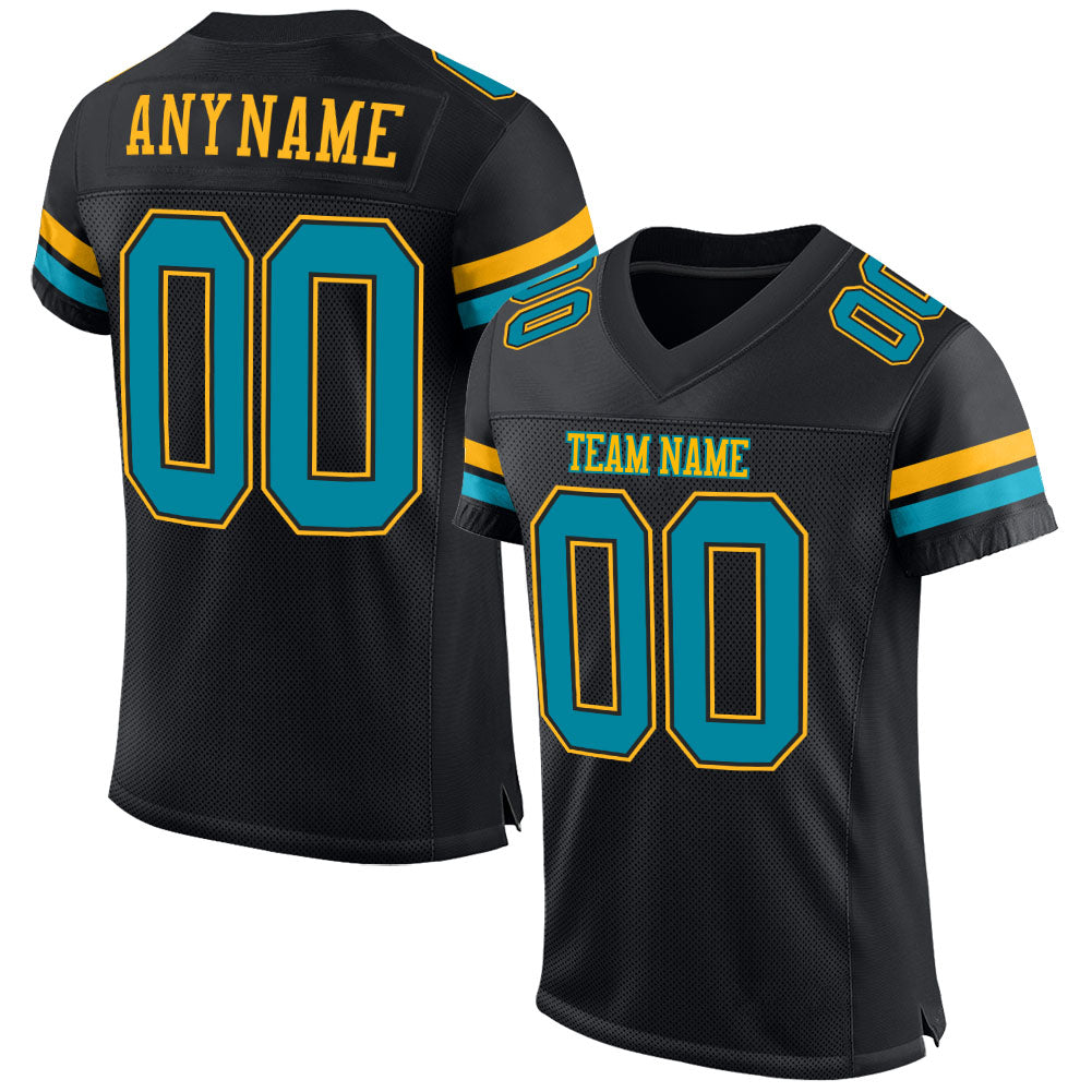 Custom Teal Gold-Black Mesh Authentic Football Jersey