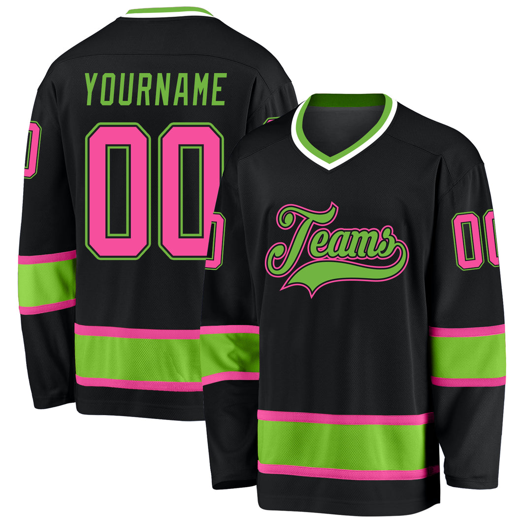 Custom Black Pink-Neon Green Hockey Jersey