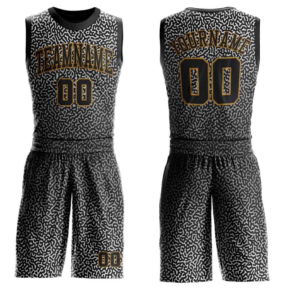 Custom Gray Black-Old Gold Round Neck Sublimation Basketball Suit Jersey  Discount