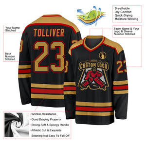 Custom Black Old Gold-Red Hockey Jersey