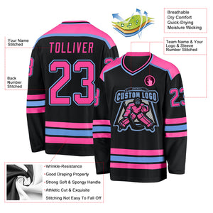 Custom Black Pink-Light Blue Hockey Jersey