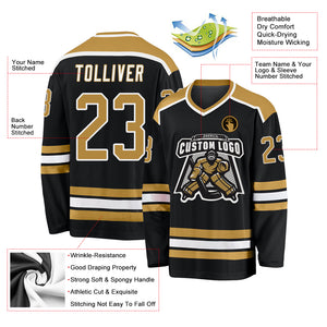 Custom Black Old Gold-White Hockey Jersey