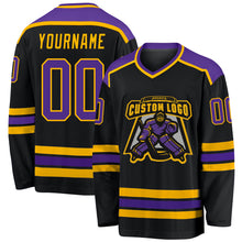 Load image into Gallery viewer, Custom Black Purple-Gold Hockey Jersey
