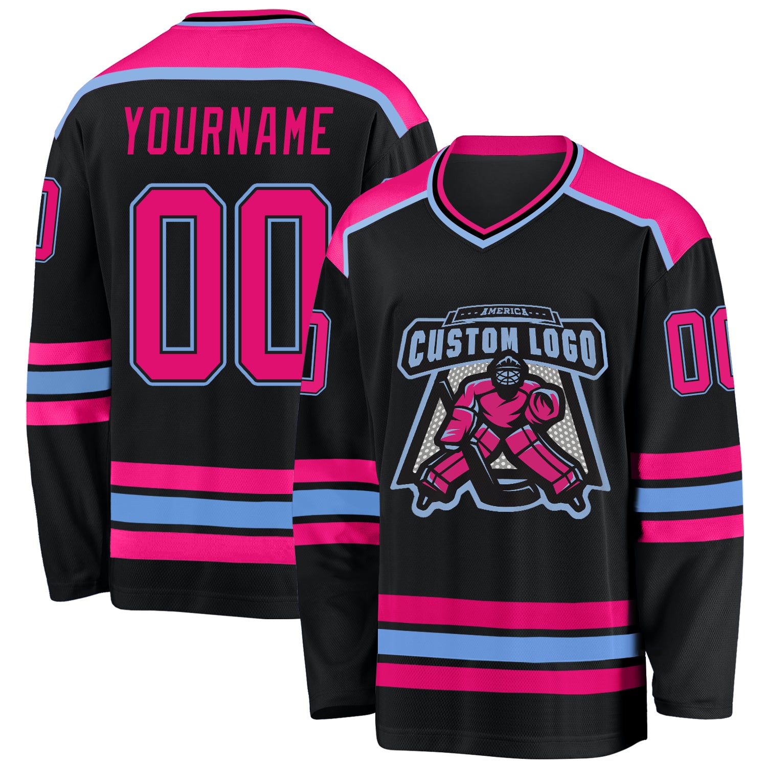 Custom Black Pink-Light Blue Hockey Lace Neck Jersey Fast Shipping –  FiitgCustom