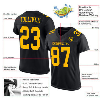 Custom Black Gold Mesh Authentic Football Jersey