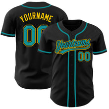 Load image into Gallery viewer, Custom Black Teal-Gold Authentic Baseball Jersey
